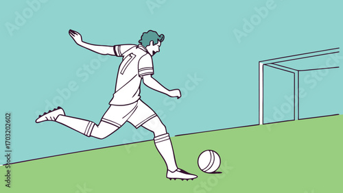 Soccer player kicking ball towards goal with focused determination.