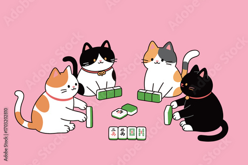 Cats Playing Mahjong Cute Cartoon Illustration