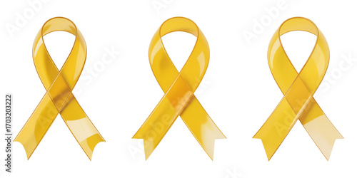 Three yellow awareness ribbons isolated on transparent background
