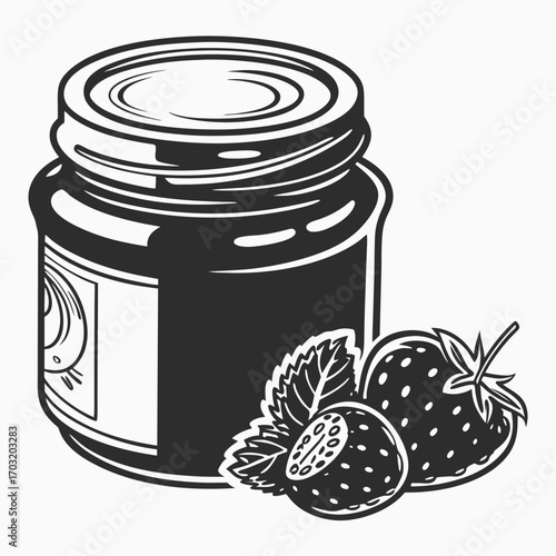 Glass jar of strawberry jam with lid and label, fresh strawberries and leaves.