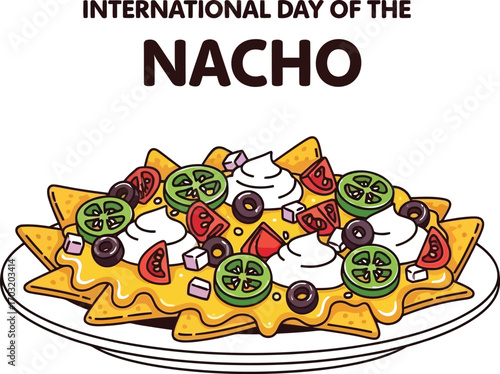 International day of the nacho with melted cheese, jalapenos, tomatoes, onions and sour cream
