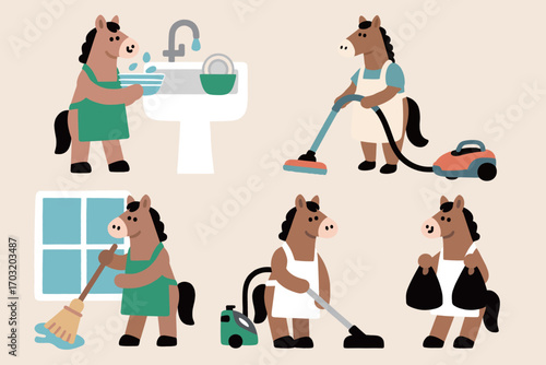 Horses Doing Chores Cleaning Washing Dishes and Vacuuming