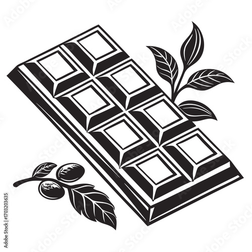 A Delicious Chocolate Bar with Coffee Beans and Leaves.