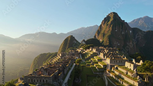 Breathtaking aerial drone footage of the ancient mountain citadel rising above the clouds in the Andes