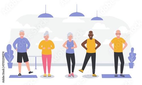 Five cheerful senior adults perform gentle fitness exercises together in a bright and welcoming studio, promoting healthy aging and active lifestyles for older people.