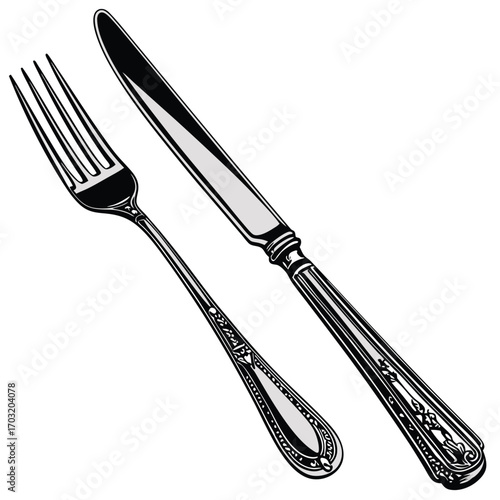 Vintage fork and knife cutlery set illustration.