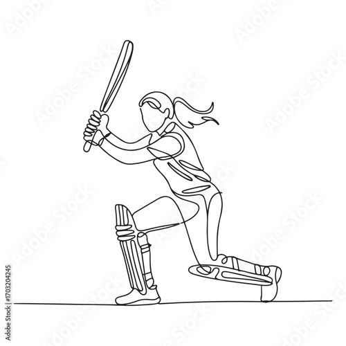 One continuous line Art drawing of young woman cricket player focus practice to swing cricket bat vector illustration. with white background