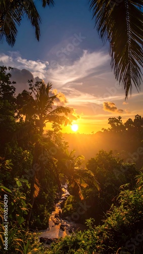 Tropical sunset over a valley