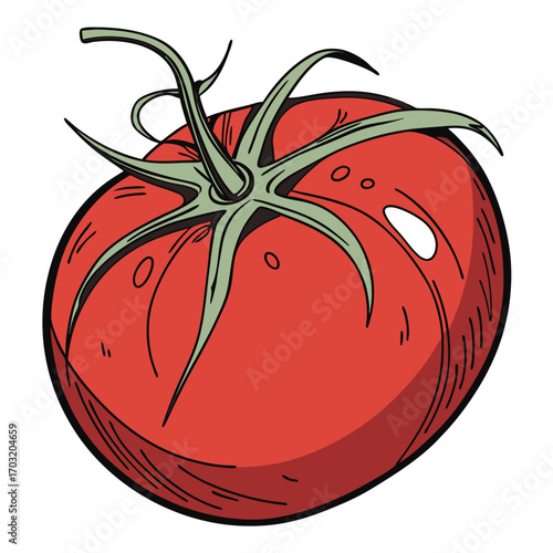 Fresh red tomato with green stem and leaves, ready to eat, healthy food.