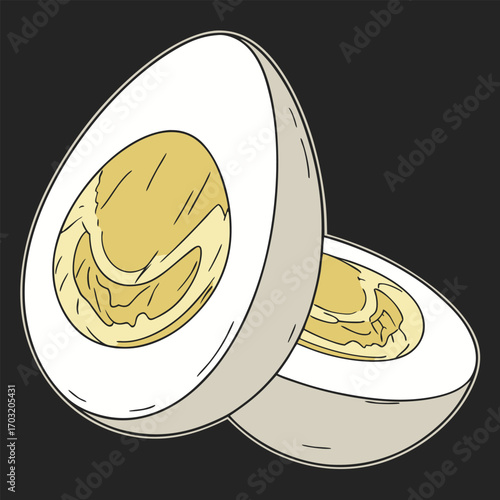 Two halves of a boiled egg, close-up view, showing the yolk and egg white.
