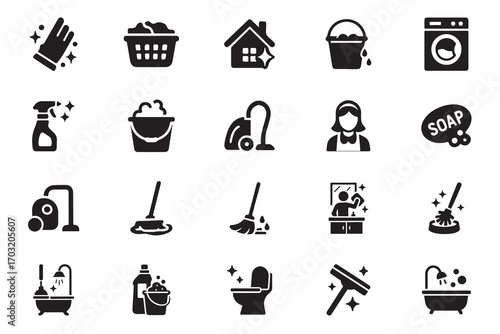 House cleaning icon set, broom, soap, maid, laundry, home cleaning and etc. vector icons on white background