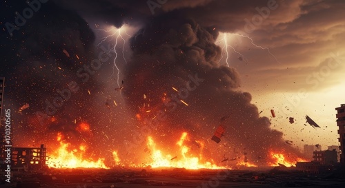 A city engulfed in flames with lightning striking in the background, depicting a scene of destruction and chaos.