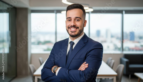 Confident leader smiling latin hispanic, middle eastern business man standing arms crossed in office looking at camera. Portrait of manager executive CEO entrepreneur