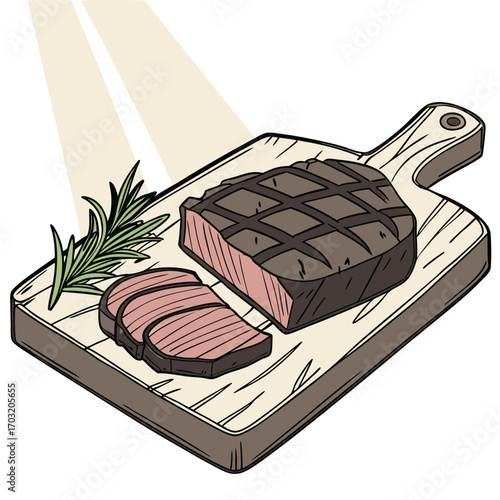 Delicious grilled steak on a wooden cutting board with rosemary garnish.