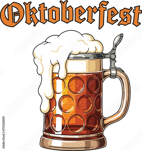 Illustration of a beer mug overflowing with foam and the word "Oktoberfest," the traditional german beer festival