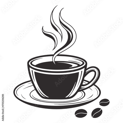 Steaming Coffee Cup with Coffee Beans on Saucer.