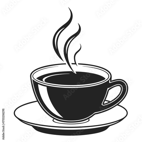 Steaming cup of coffee on a saucer, a warm beverage.