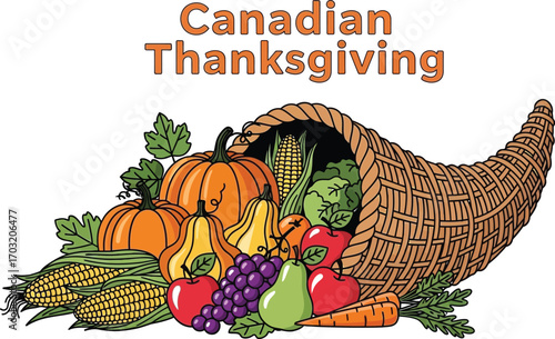 Cornucopia filled with autumn harvest fruits and vegetables for canadian thanksgiving
