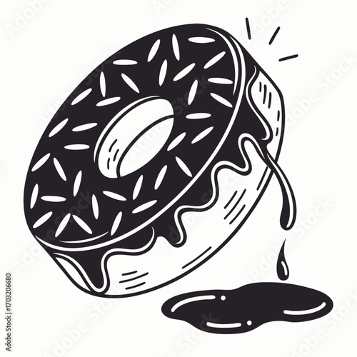 Delicious chocolate donut with sprinkles and dripping icing.