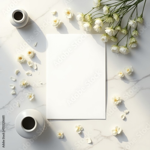 A blank paper sheet surrounded by white blossoms and vases on a marble surface in soft light invitation card mockup