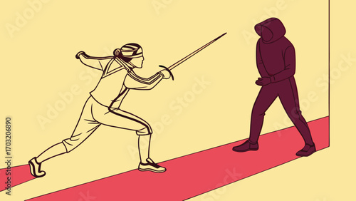 Fencer in action with sword.