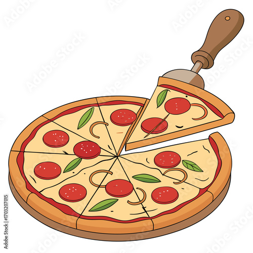 Pepperoni pizza with a slice being lifted by a pizza server.