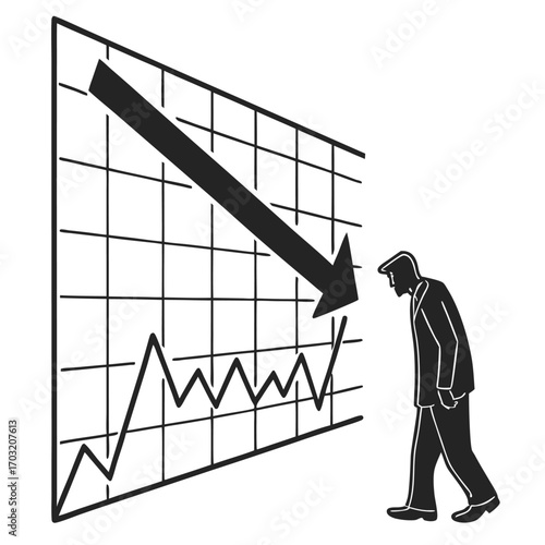 Dejected businessman looking at a downward financial chart.