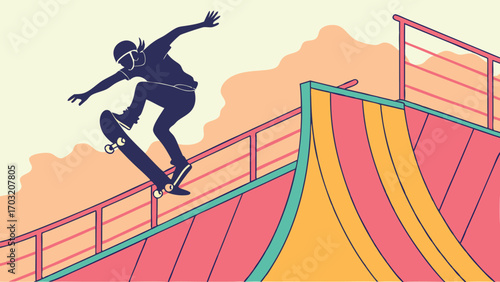 Skateboarder performing a trick on a ramp.