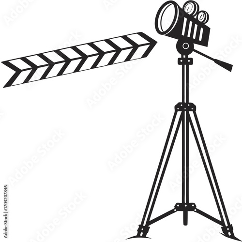 Vintage movie camera on a tripod with a film clapperboard vector illustration.