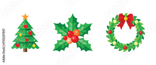 christmas tree holly leaves and wreath icon set isolated on white background