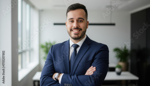 Confident leader smiling latin hispanic, middle eastern business man standing arms crossed in office looking at camera. Portrait of manager executive CEO entrepreneur