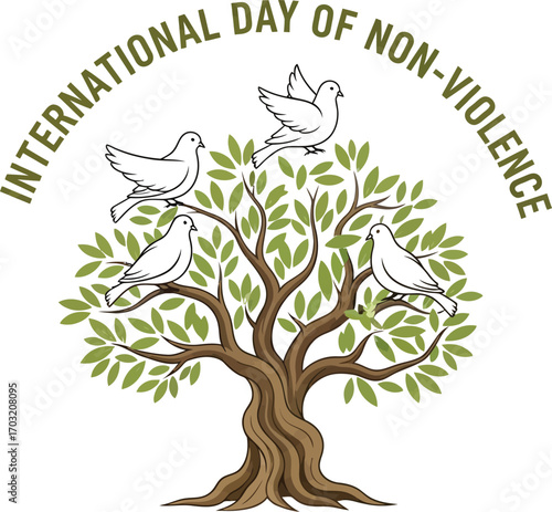 International day of Non-Violence with tree and doves for peace and harmony concept