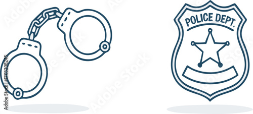 Handcuffs and police badge represent law enforcement and security on a clean white backdrop, conveying authority and justice in a minimalist style.