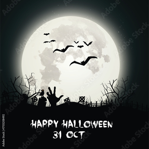 Happy halloween with spooky graveyard and bats flying across moon
