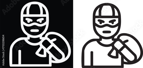 Burglar wearing mask and hat holding bag of money in black and white, representing crime and theft with a serious tone.