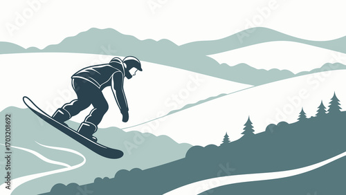 Snowboarder soaring through the air on a snowy mountain landscape.