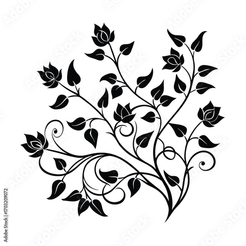 Black floral vine with buds and leaves vector