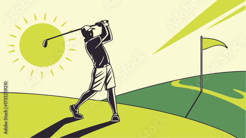 Man Swinging Golf Club on a Sunny Day.