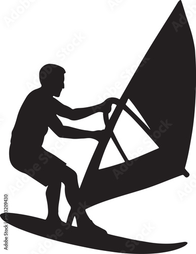 Windsurfer silhouette vector showing dynamic water sport action, perfect for summer designs.