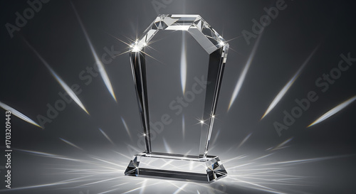 Blank transparent crystal award trophy with beveled edges standing on a base with dramatic spotlight reflections