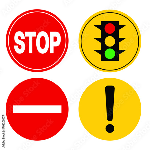 Collection of four essential traffic signals: stop, traffic light, no entry, and warning.