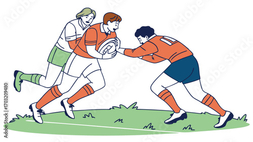 Three rugby players engaged in a spirited match.