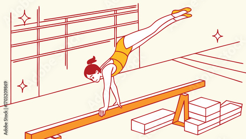 Young girl performing a handstand on a balance beam in a gymnastics hall.