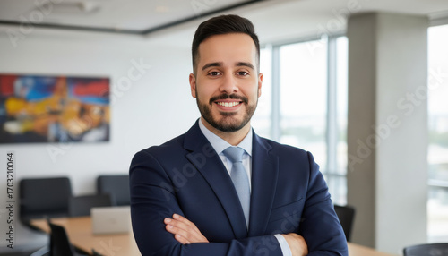 Confident leader smiling latin hispanic, middle eastern business man standing arms crossed in office looking at camera. Portrait of manager executive CEO entrepreneur