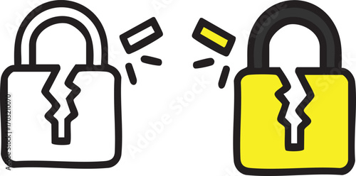 Broken padlocks represent security breach and vulnerability against white background, suggesting risk and failure, with one lock colored yellow for emphasis.