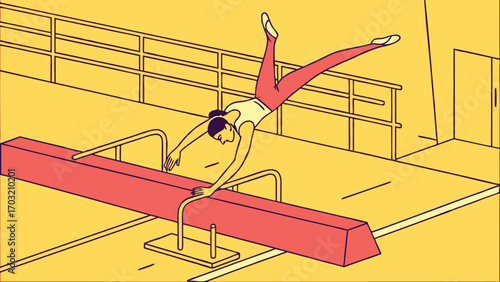 Gymnast performing a handspring on the balance beam.
