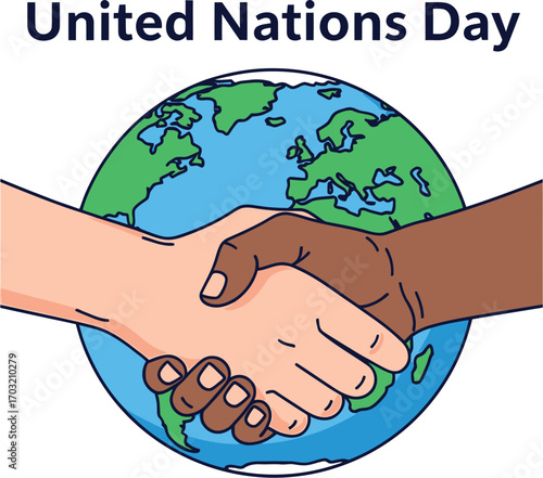 United nations day with handshake in front of the world international holiday concept