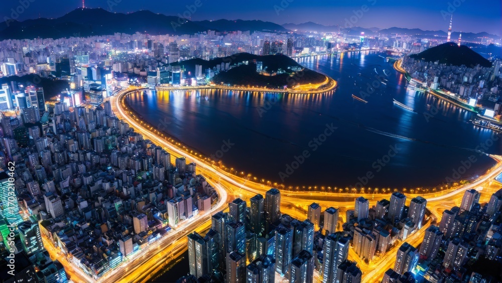 Fototapeta premium 夜, シティ, 都市景観, 風景, 建築, 景色, 空, 夕焼け, 全景, タウンズ, アーバン, 光, 地平線, ビル, 旅行, 夜