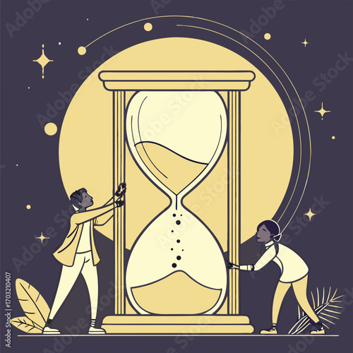 Man and Woman Collaborating on a Giant Hourglass.