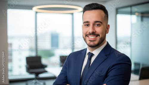 Confident leader smiling latin hispanic, middle eastern business man standing arms crossed in office looking at camera. Portrait of manager executive CEO entrepreneur